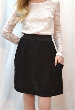 Floral Lace Mini Skirt with Elasticated Waist in Black