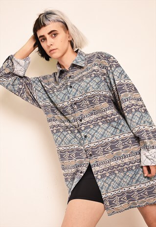 90S RETRO AZTEC BOHO WORKWEAR PRINT OVERSIZED SHIRT TOP