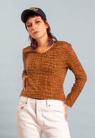 90'S 00'S VINTAGE ANIMAL PRINT JUMPER SNAKE PRINT V-NECK