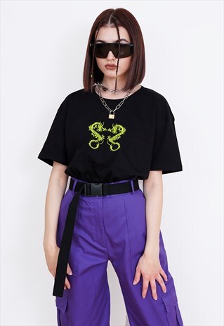 EMBROIDERED T-SHIRT WITH NEON GREEN TRIBAL DRAGON EMBROIDERY