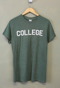 Vintage College T Shirt Green Short Sleeve With Graphic 90s