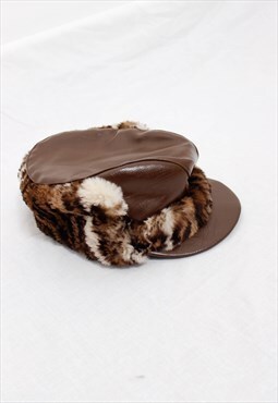 70s boho 90s grunge brown vinyl leather leopard faux fur hat