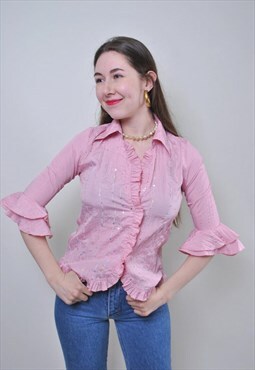 Vintage ruffled pink blouse, retro princes cute shirt 
