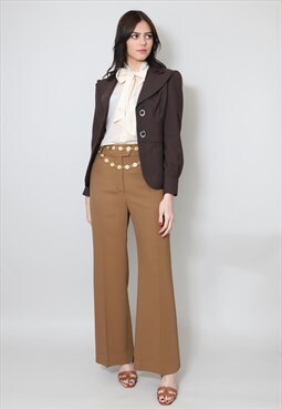 70's Ladies Vintage Jacket Brown Puff Sleeve Fitted Blazer