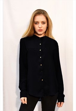 Long Sleeve Chiffon Shirt with Mandarin Collar in Black