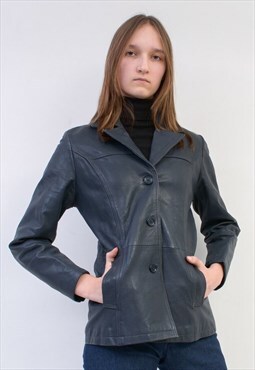 Vintage Women's 90's M Blazer Leather Basic Jacket Dark Blue