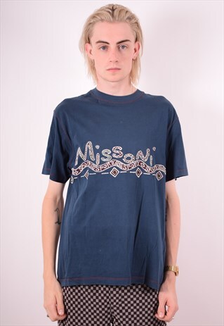 MISSONI MENS VINTAGE T-SHIRT TOP MEDIUM BLUE 90S