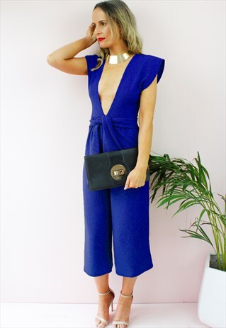 BLUE PLUNGE SLEEVELESS WIDE CULOTTES PALAZZO JUMPSUIT