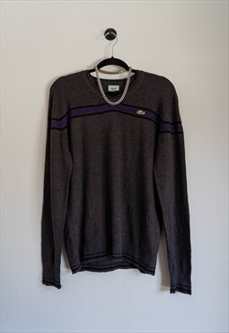 Unisex Vintage Lacoste Grey V Neck Purple Stripe Jumper Knit