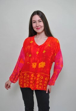 90's cozy orange blouse, vintage cute print button up shirt,
