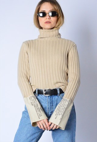 VINTAGE 90S BEIGE RIBBED GRAPHIC BELL SLEEVE TURTLE NECK