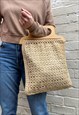 1970S BEIGE CROCHET WOODEN HANDLE TOTE BAG