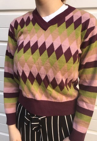 WOMENS VINTAGE 80S 90S JUMPER DIAMOND PATTERNED SWEATER