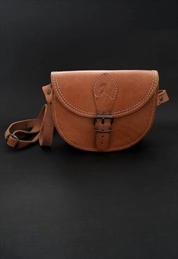 70's Vintage Brown Leather Cross Body Saddle Bag