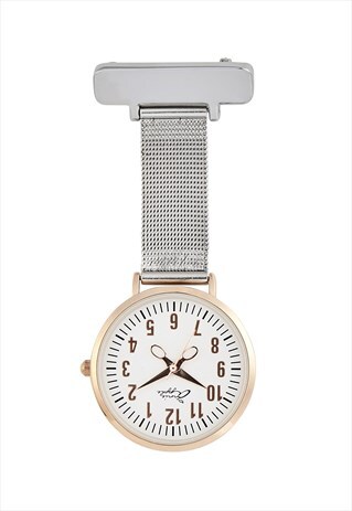 ANNIE APPLE SILVER AND ROSE GOLD MESH NURSE FOB WATCH LADIES