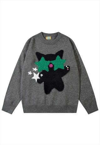 Cat patch sweater party jumper knitwear rave top in grey