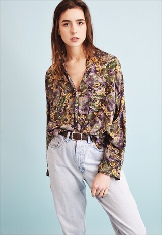90'S RETRO FLORAL PRINT OVERSIZED SHIRT BLOUSE TOP