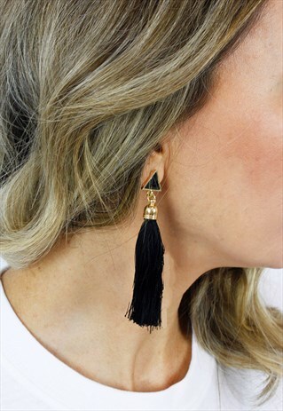 BLACK LONG TASSEL FRINGE CHANDELIER DROP DANGLE EARRINGS