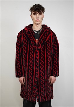Geometric fleece coat longline Arabic pattern trench in red