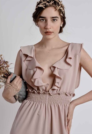 SALMON PINK BAREBACK SLEEVELESS RUFFLE JUMPSUIT