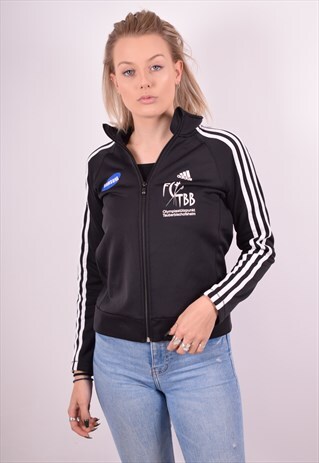 ADIDAS WOMENS VINTAGE TRACKSUIT TOP JACKET SMALL BLACK 90S