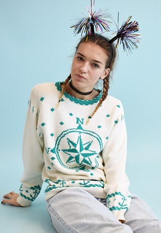 90'S RETRO NAUTICAL PATTERN KNIT NEUTRAL CHRISTMAS JUMPER