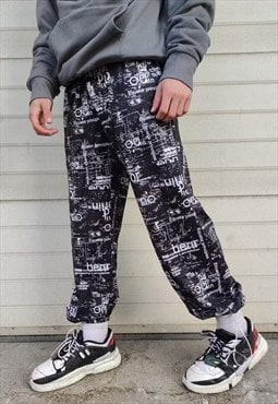 Graffiti print joggers straight fit beam overalls in black