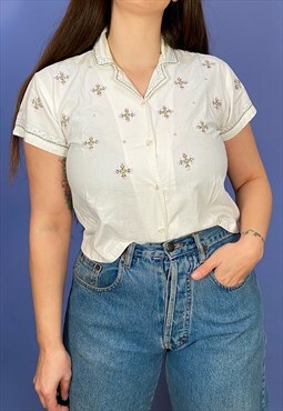 VINTAGE 90's Floral Embroidered Cotton Cropped Shirt - S