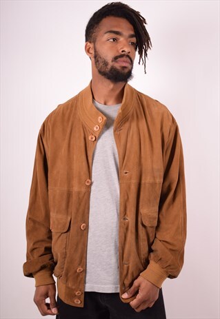 MENS VINTAGE SUEDE BOMBER JACKET LARGE BROWN 90S