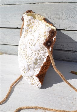 Handmade white/brown upsycled crochet cotton cross body bag