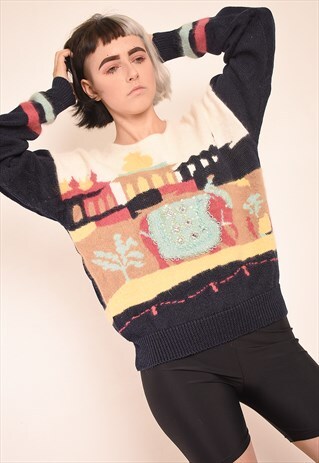 VINTAGE 80'S RETRO LANDSCAPE PATTERN FLUFFY KNIT JUMPER