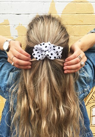 WHITE WITH BLACK POLKA DOT SCRUNCHIE