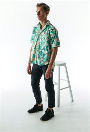 ABSTRACT SHORT SLEEVE SHIRT / GREEN AND BEIGE SHIRT