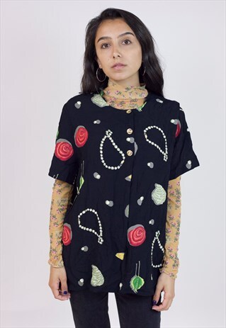 VINTAGE 90S BLACK PATTERNED LIGHT BLOUSE