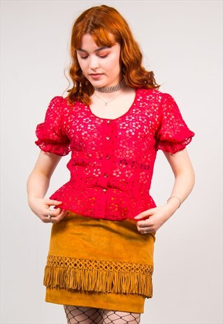 VINTAGE 90'S RED FLORAL LACE MESH PEPLUM BLOUSE TOP