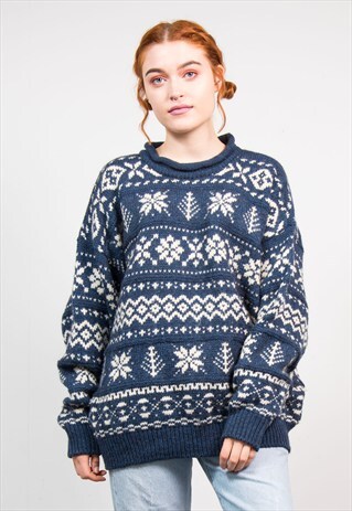 VINTAGE BLUE WINTER PATTERN THICK CHUNKY KNIT JUMPER