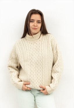 Turtleneck Sweater Wool Pullover Fisherman Jumper Cable Knit