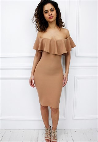 WOMENS LADIES OFF SHOULDER BARDOT FRILL CAMEL DRESS