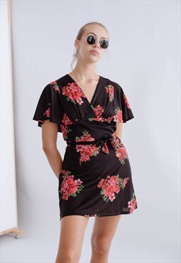 Vintage Reworked Frill Sleeve Floral Mini Dress in Black S