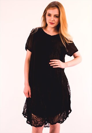 LACE AND CHIFFON PATCHWORK DRESS (BLACK)