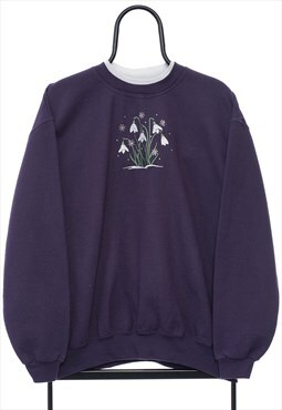 Vintage 90s Flower Embroidery Purple Sweatshirt Womens