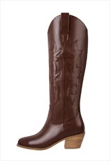 Drak Brown Embroidery Wooden Heel Western Boots