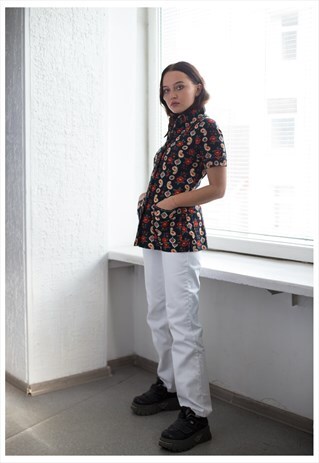 VINTAGE 70'S BLACK PAISLEY PRINT SHORT SLEEVED TOP