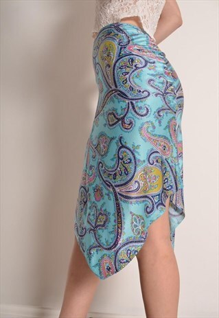 VINTAGE 90S PAISLEY PRINT MIDI PENCIL SKIRT IN TURQUOISE