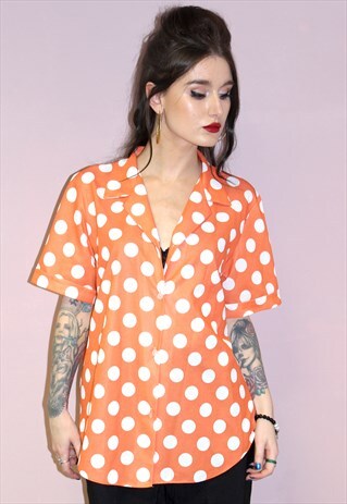 VINTAGE 80S RETRO STYLE ORANGE & WHITE POLKA DOT SHIRT