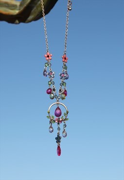 Deadstock multi color chain necklace,enamel flowers necklace