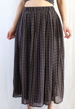 Vintage Skirt Abstract Pattern Navy Brown S T642 