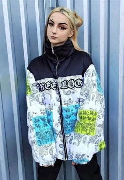 Paisley bomber graffiti bandana puffer jacket in white