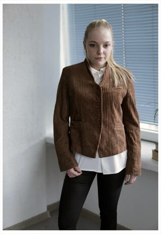 VINTAGE 80'S BROWN CORDUROY NO COLLAR JACKET