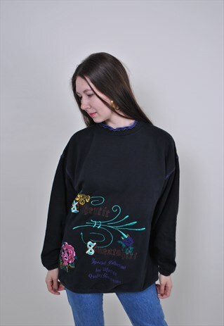 80S FLOWERS EMBROIDERY BLACK SWEATSHIRT, WOMEN MULTICOLOR